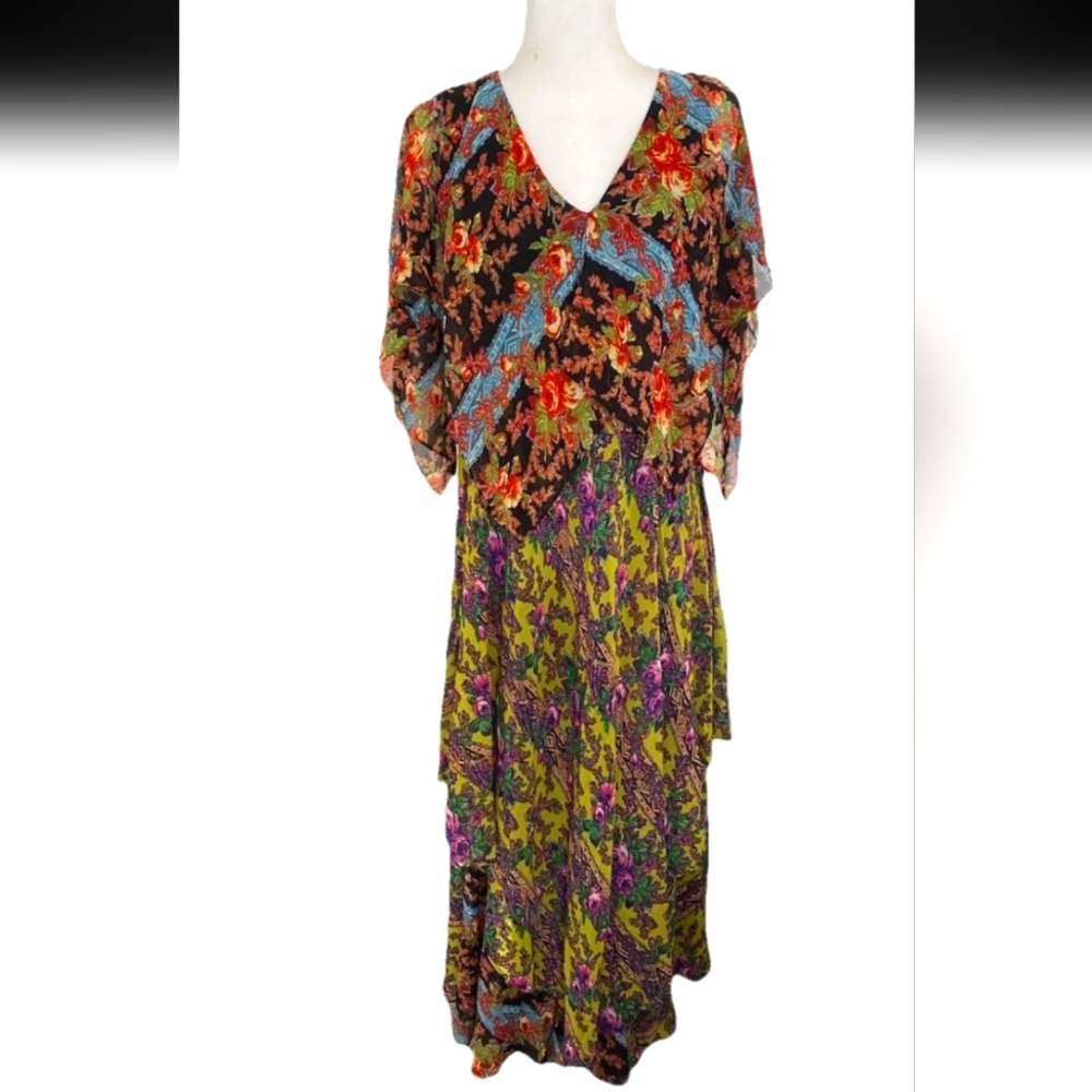 Vicky Tiel Boho Floral Contrast Layered Handkerchief Maxi Dress